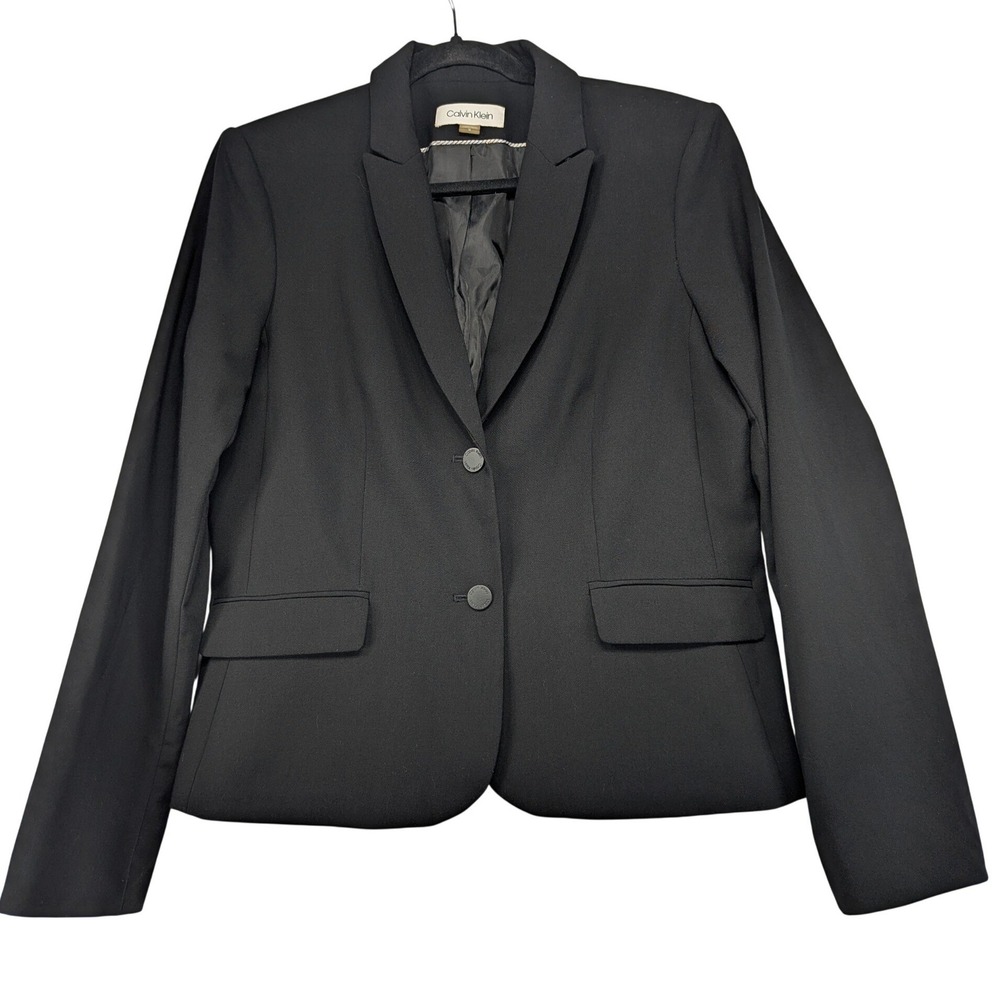 Calvin Klein Womens Black Two Button Tailored Blazer Jacket Size 12 Professional - Picture 1 of 10